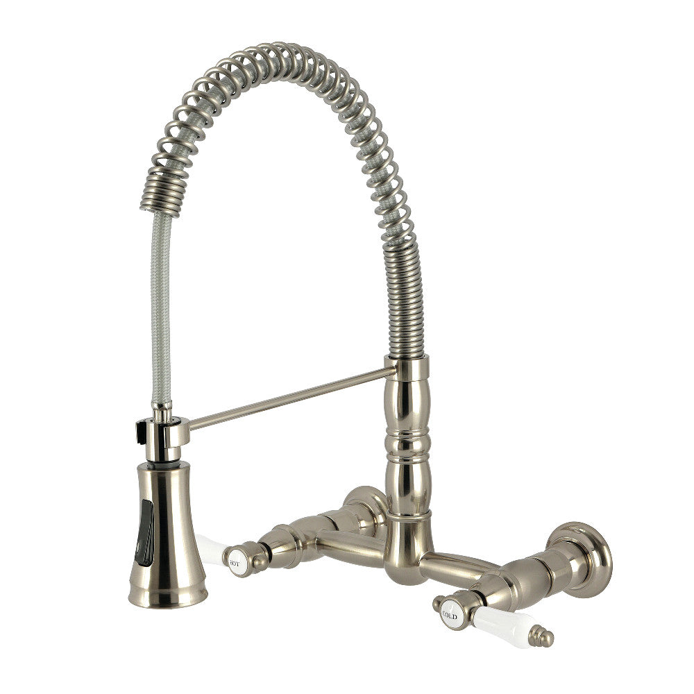 Kingston Brass GS1243BPL Bel-Air Double-Handle Wall-Mount Pre-Rinse Bridge Kitchen Faucet, Antique Brass with brushed nickel finish