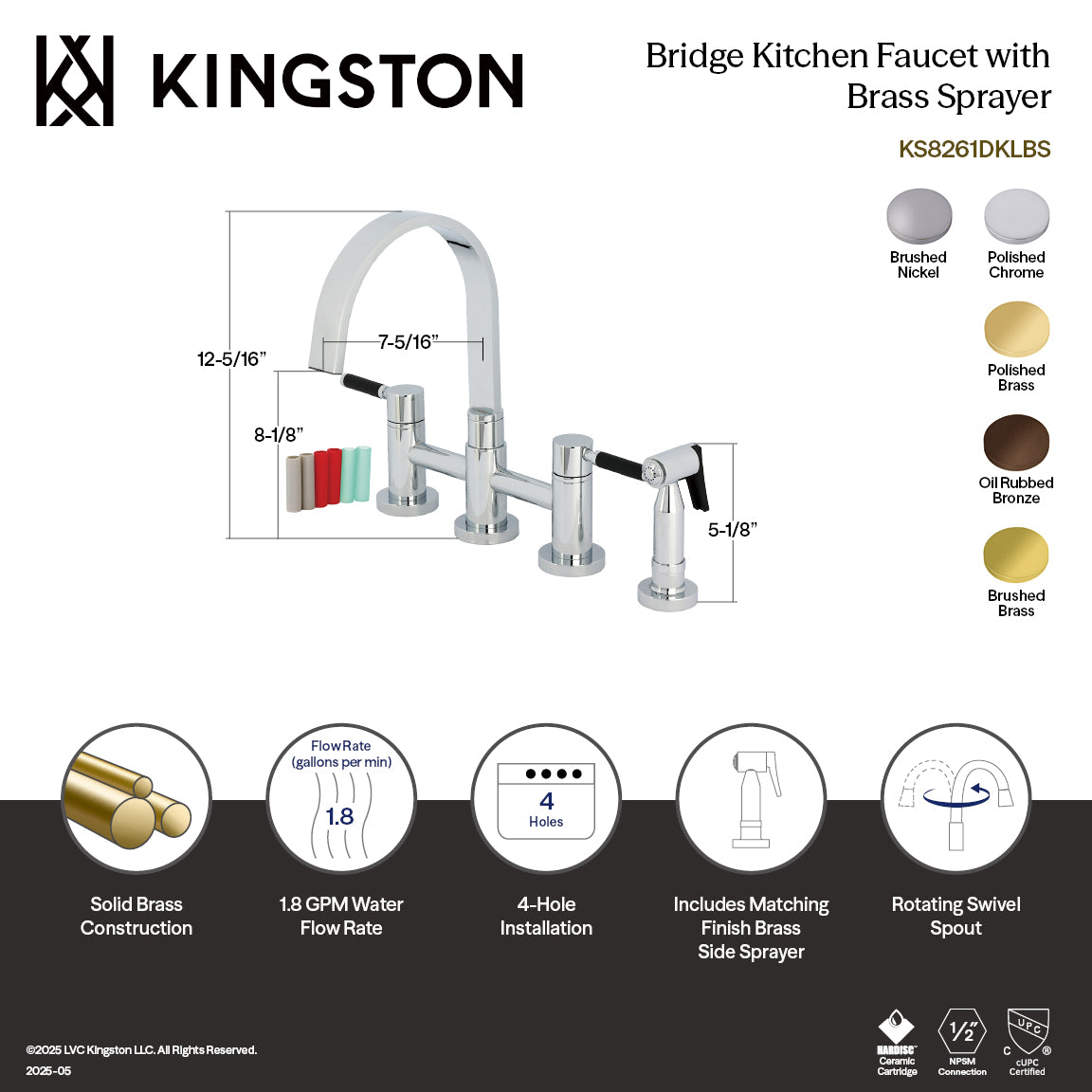 Kingston KS8267DKLBS Kaiser Bridge Kitchen Faucet with Brass Sprayer, Brushed Brass image with dimensions and features.