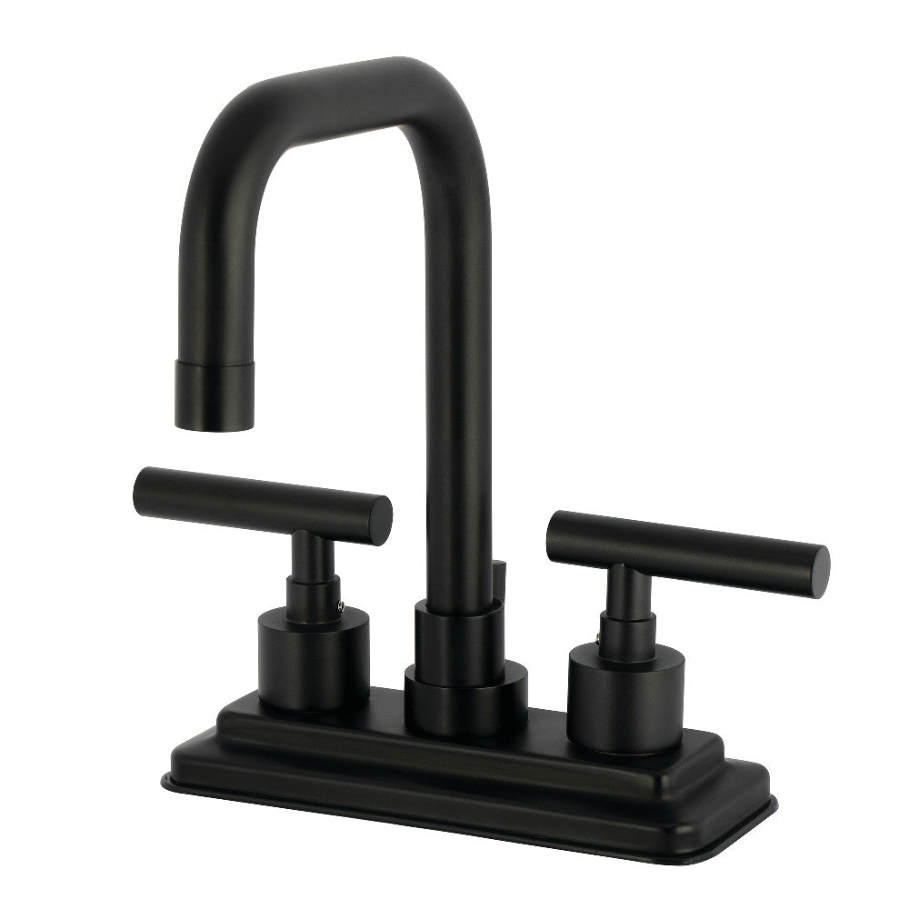 Kingston Brass KS6643CML Manhattan Centerset Bathroom Faucet with high-arc gooseneck design and tubular lever handles.