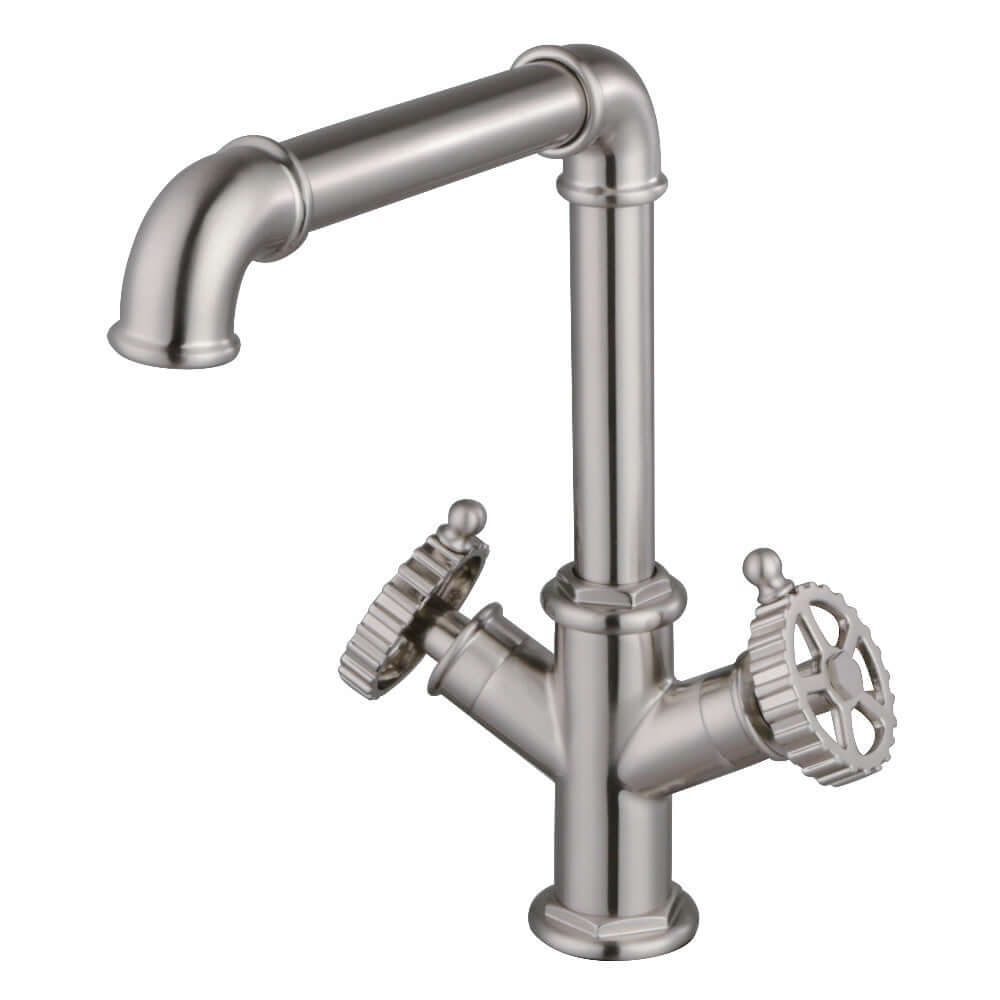 Kingston LS6503CG Fuller Two-Handle Single-Hole Kitchen Faucet, Brushed Brass in brushed nickel finish.