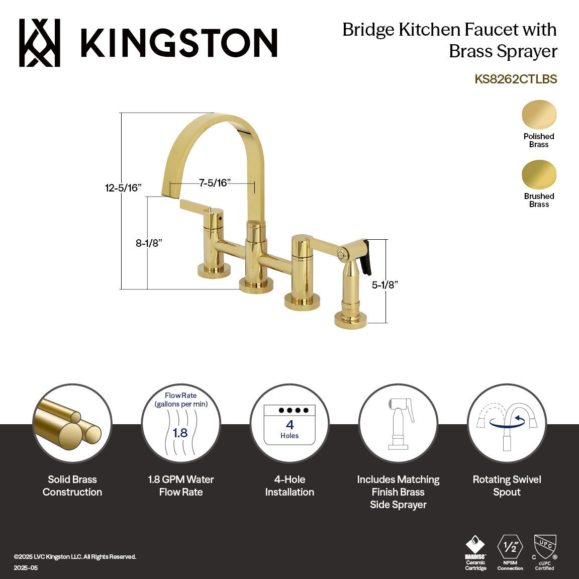 Kingston KS8267CTLBS Continental Bridge Kitchen Faucet with Brass Sprayer, Brushed Brass design and specifications.