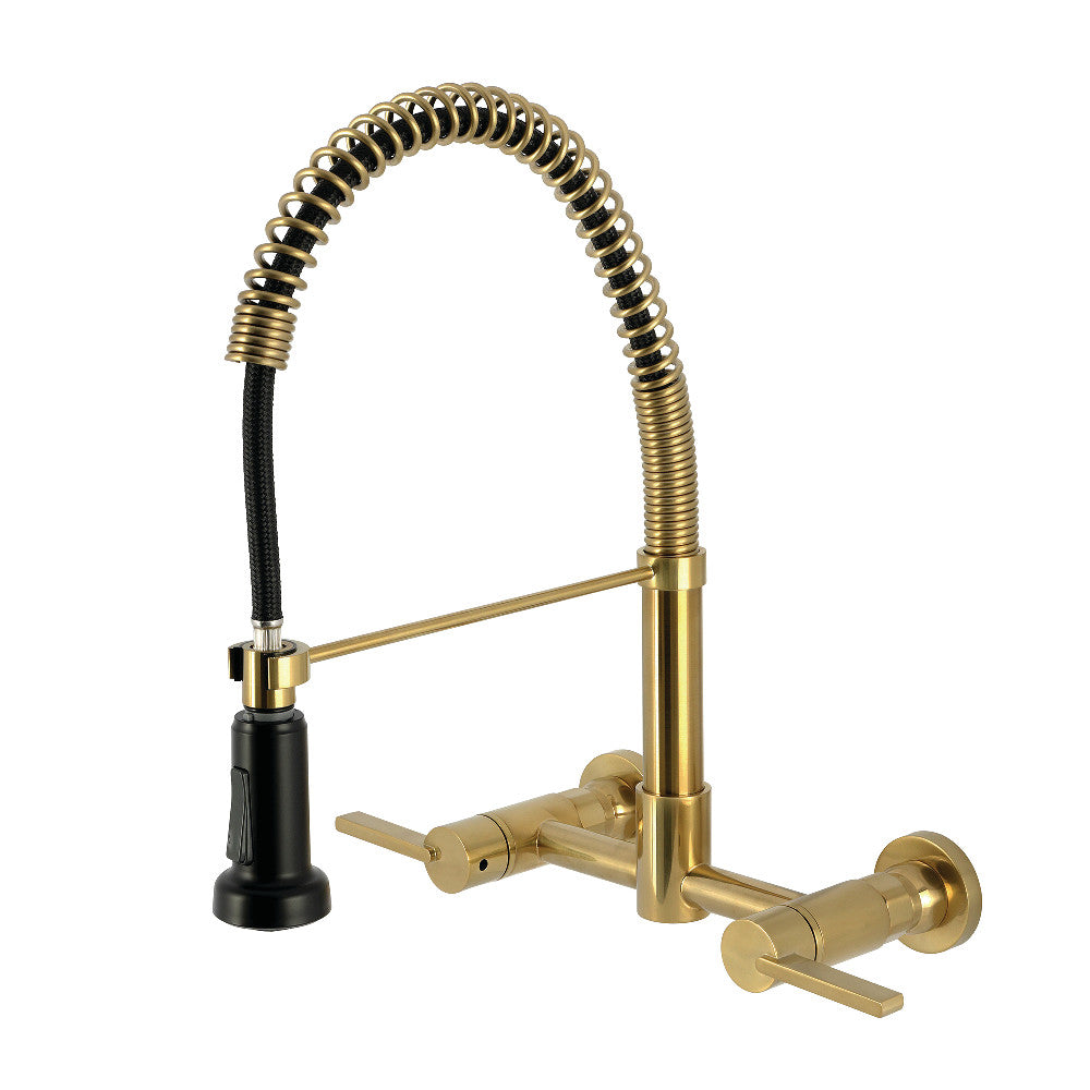 Kingston Brass GS8187CTL Continental Double-Handle Wall-Mount Pre-Rinse Bridge Kitchen Faucet, Brushed Brass.