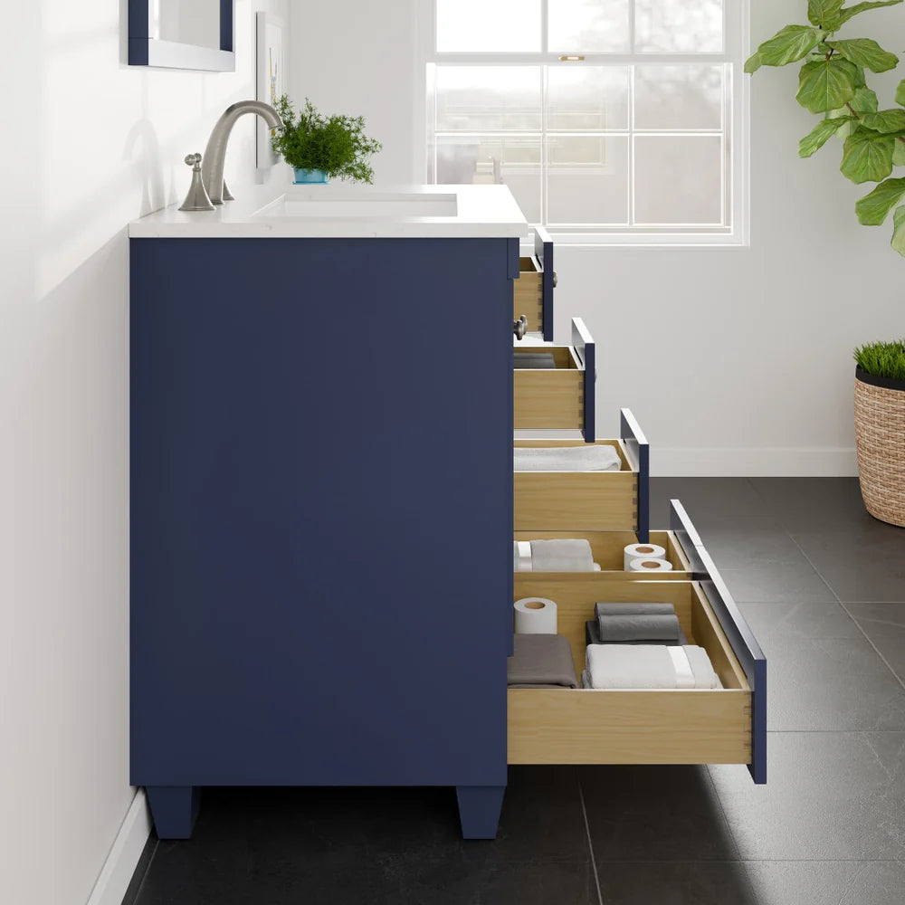 Side view of 30" Eviva Acclaim single sink vanity in blue showing dovetail drawers