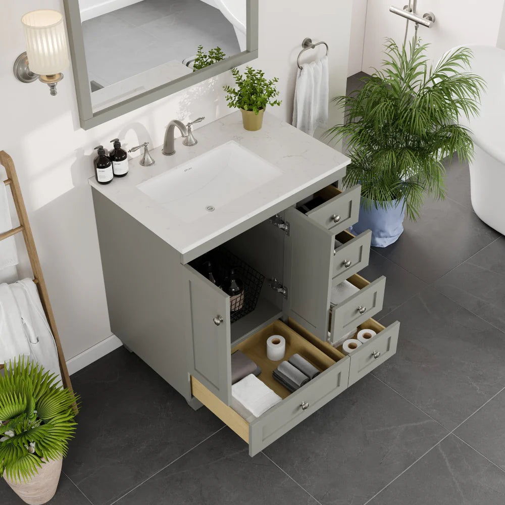 Top view of Eviva Acclaim 30" single sink bathroom vanity in gray with Carrara Quartz top showing  storage capacity
