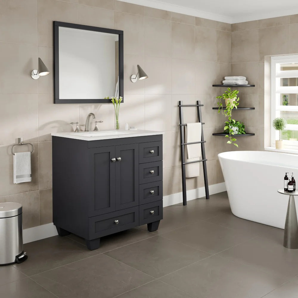 Lifestyle image of a dark gray Eviva Acclaim single sink bathroom vanity in a large bathroom