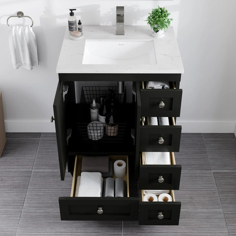 Front view of Eviva Acclaim single sink vanity in Espresso featuring storage ability
