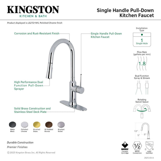 Gourmetier LS2723NYL New York Single-Handle Pull-Down Kitchen Faucet, Brushed Brass