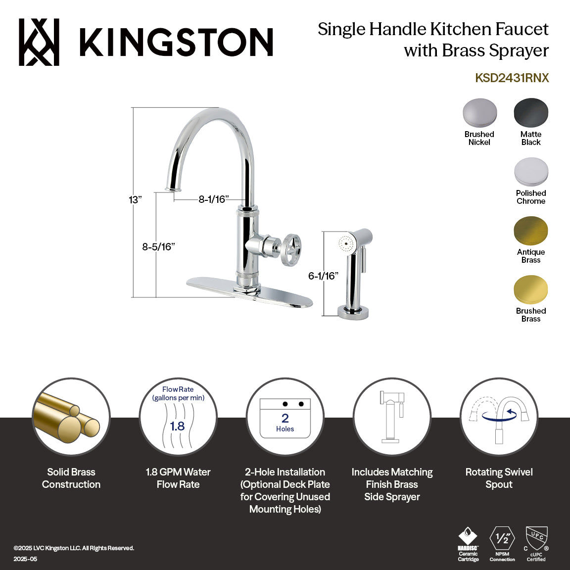 Kingston Brass KSD2433RNX Ostro Single-Handle Kitchen Faucet, Antique Brass with side spray and dimensions.