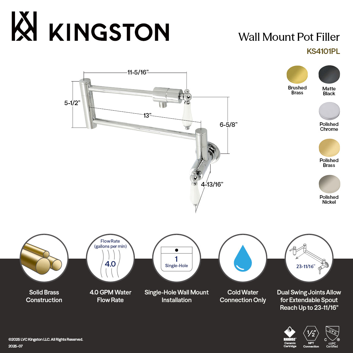 Kingston Brass KS4107PL Metropolitan Wall Mount Pot Filler Faucet, Brushed Brass dimensions and features.
