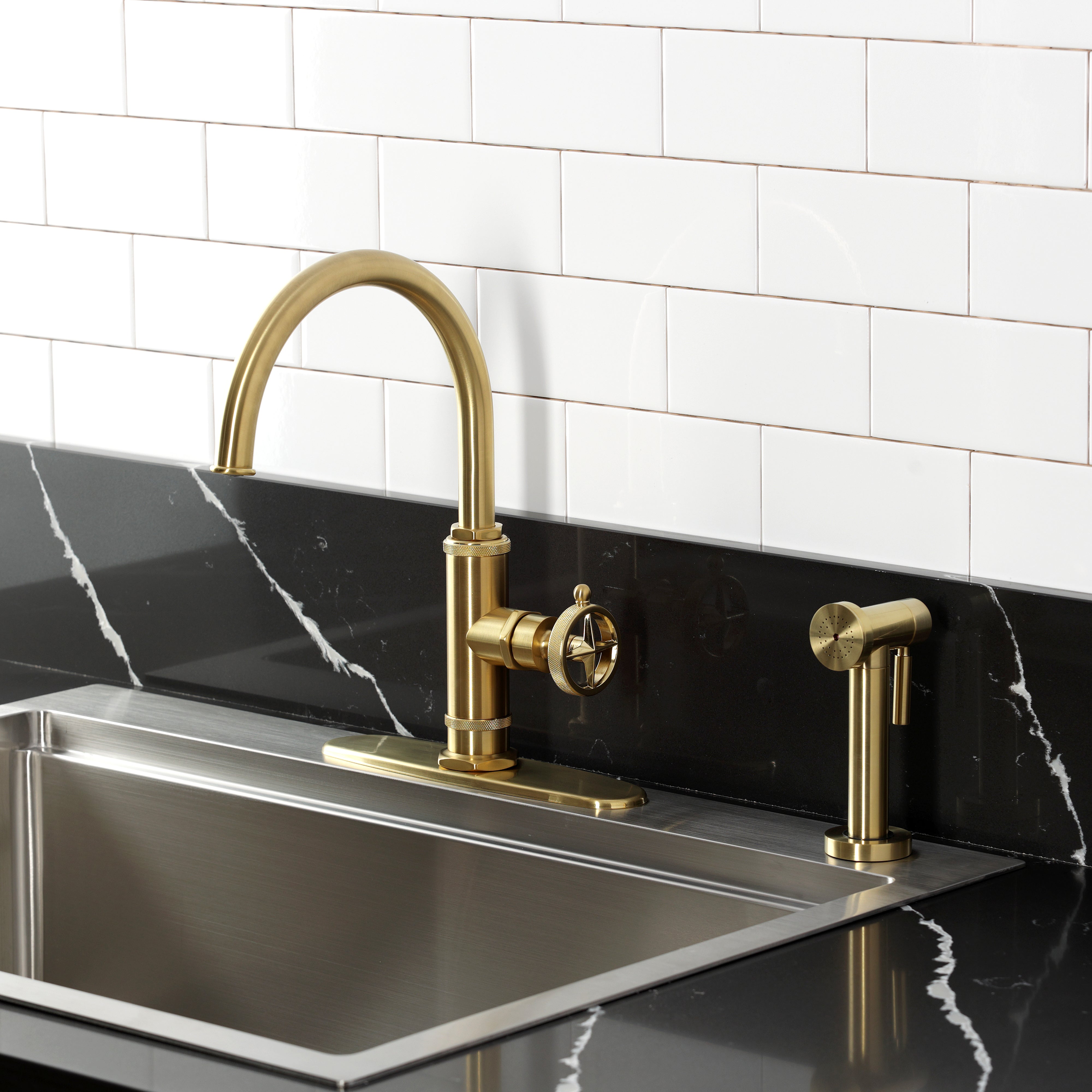 Kingston Brass KSD2433RNK Levante Single-Handle Kitchen Faucet, Antique Brass with side spray.