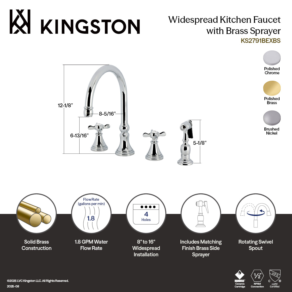 Kingston Brass KS2798BEXBS Essex Double-Handle Widespread Kitchen Faucet with Brass Sprayer, Brushed Nickel