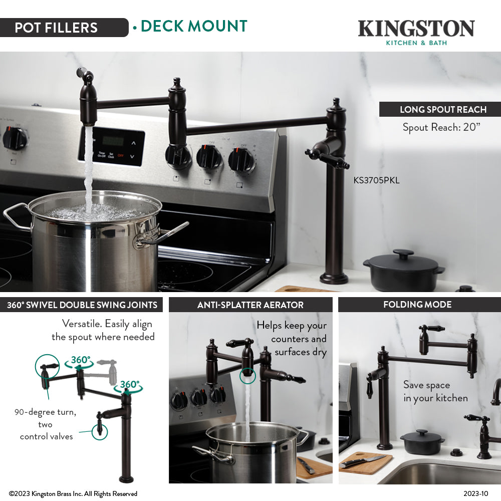 Kingston Brass KS3707PKL Duchess Deck Mount Pot Filler Faucet, Brushed Brass features anti-splatter aerator and foldable design.