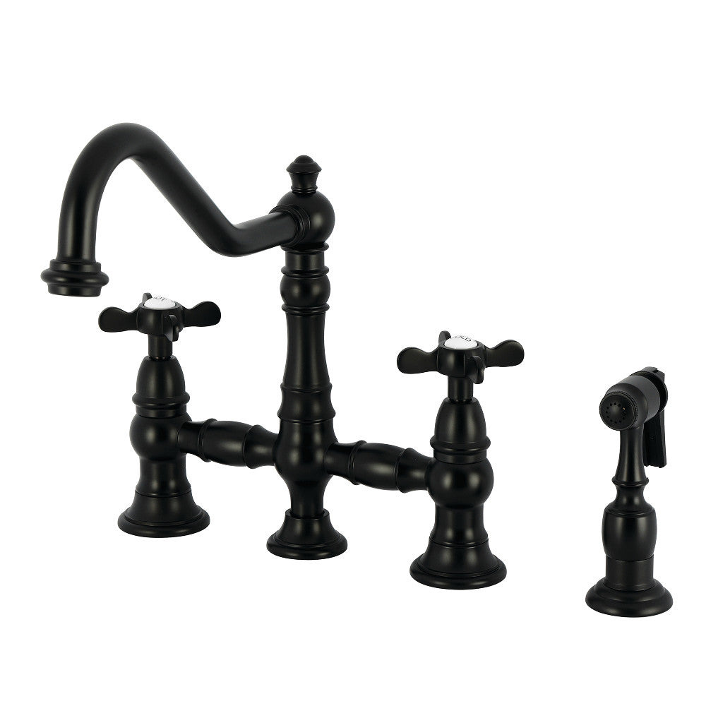 Kingston KS3277BEXBS Essex Bridge Kitchen Faucet with Brass Sprayer, Brushed Brass in matte black finish