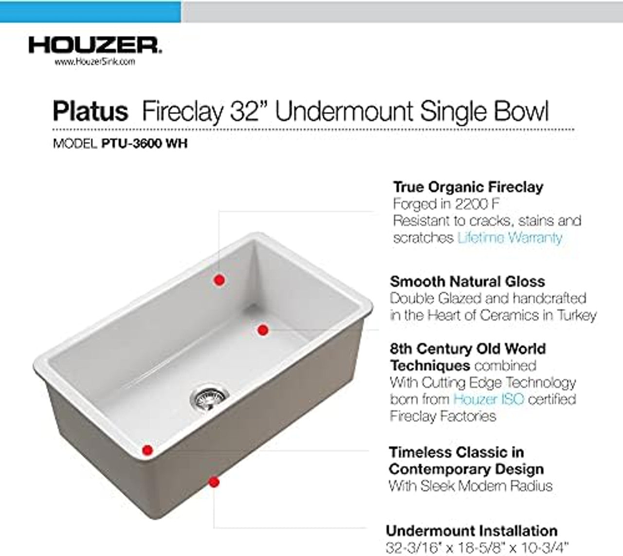 Houzer Platus Fireclay kitchen sink with product details on a white background