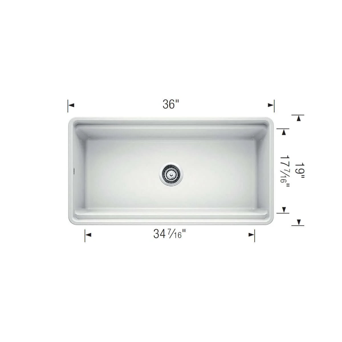 Length and width dimensions for Blanco Profina 36" Fireclay Farmhouse Sink