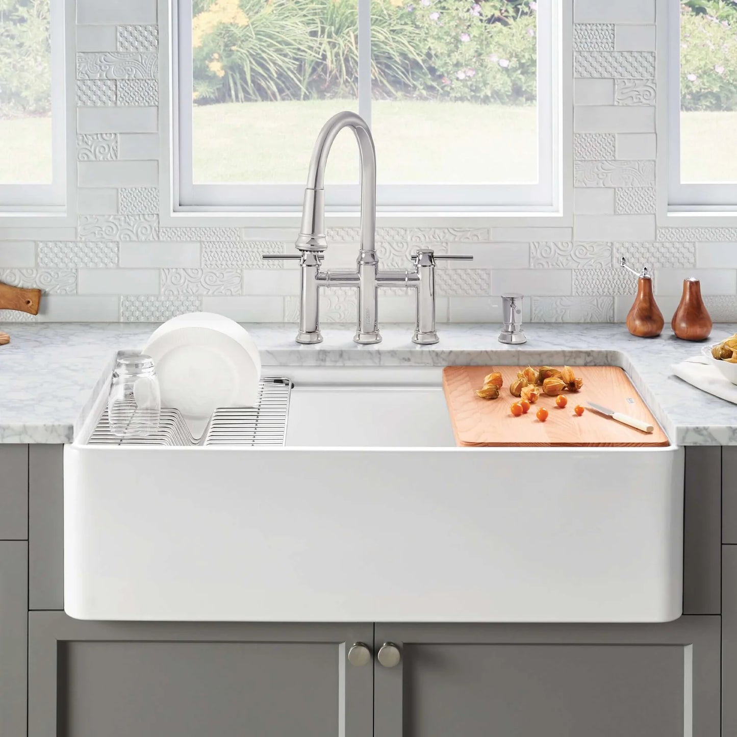 Lifestyle image for Blanco Profina 36" Fireclay Farmhouse sink with optional and included accessories