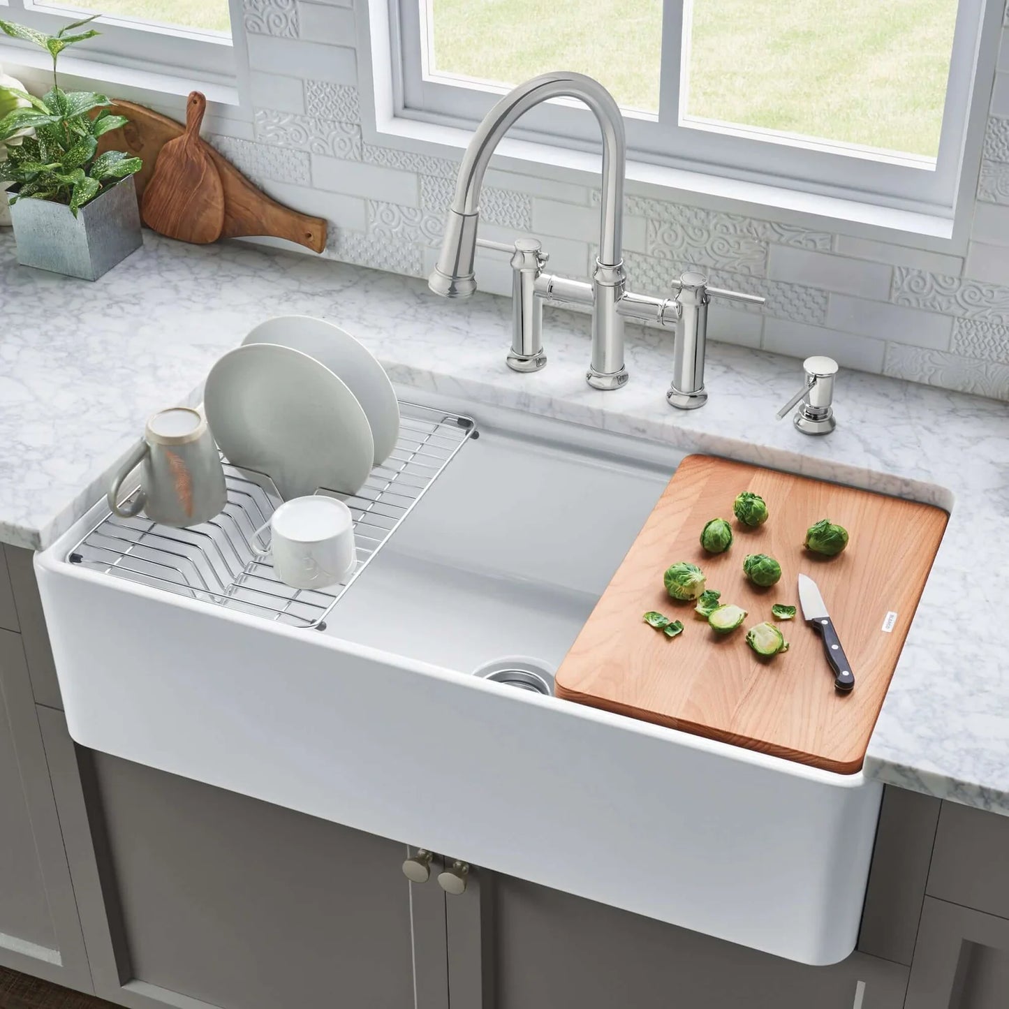 Lifestyle image of Blanco Profina 36" in use showing optional dish rack