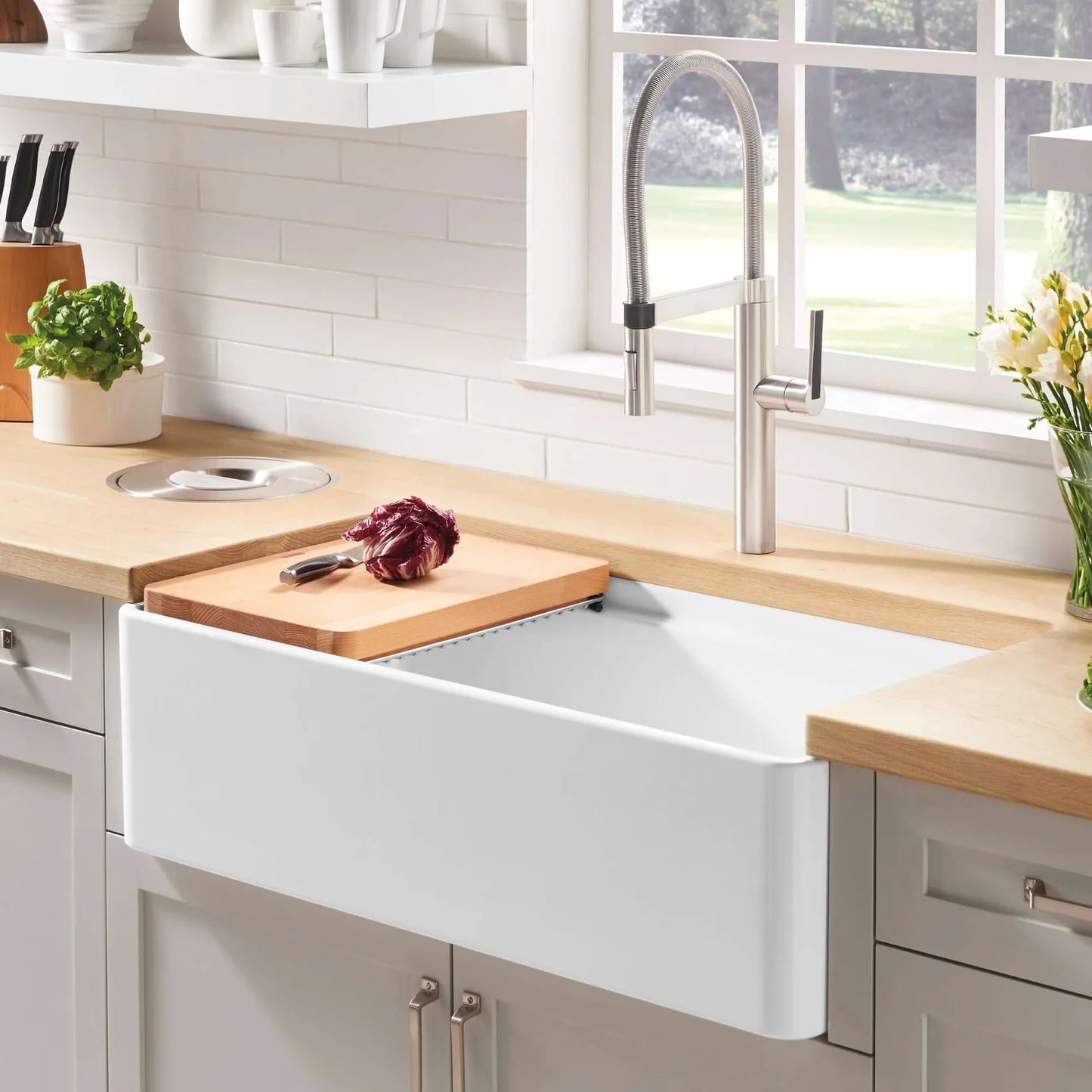 Image showing how cutting board can stack on top of dish rack Blanco Performa 36" sink
