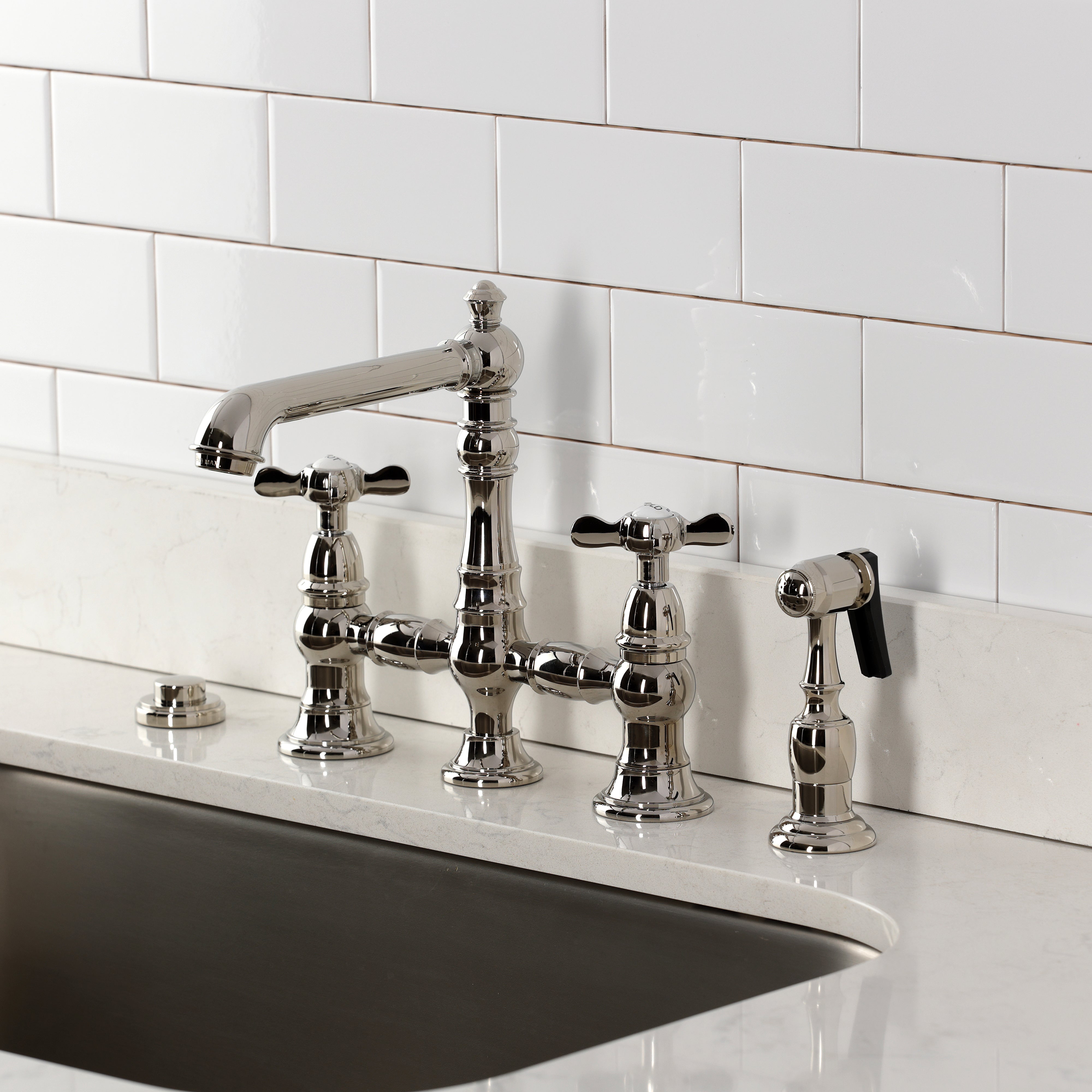 Kingston KS7277BEXBS Essex Bridge Kitchen Faucet with Brass Sprayer, Brushed Brass.