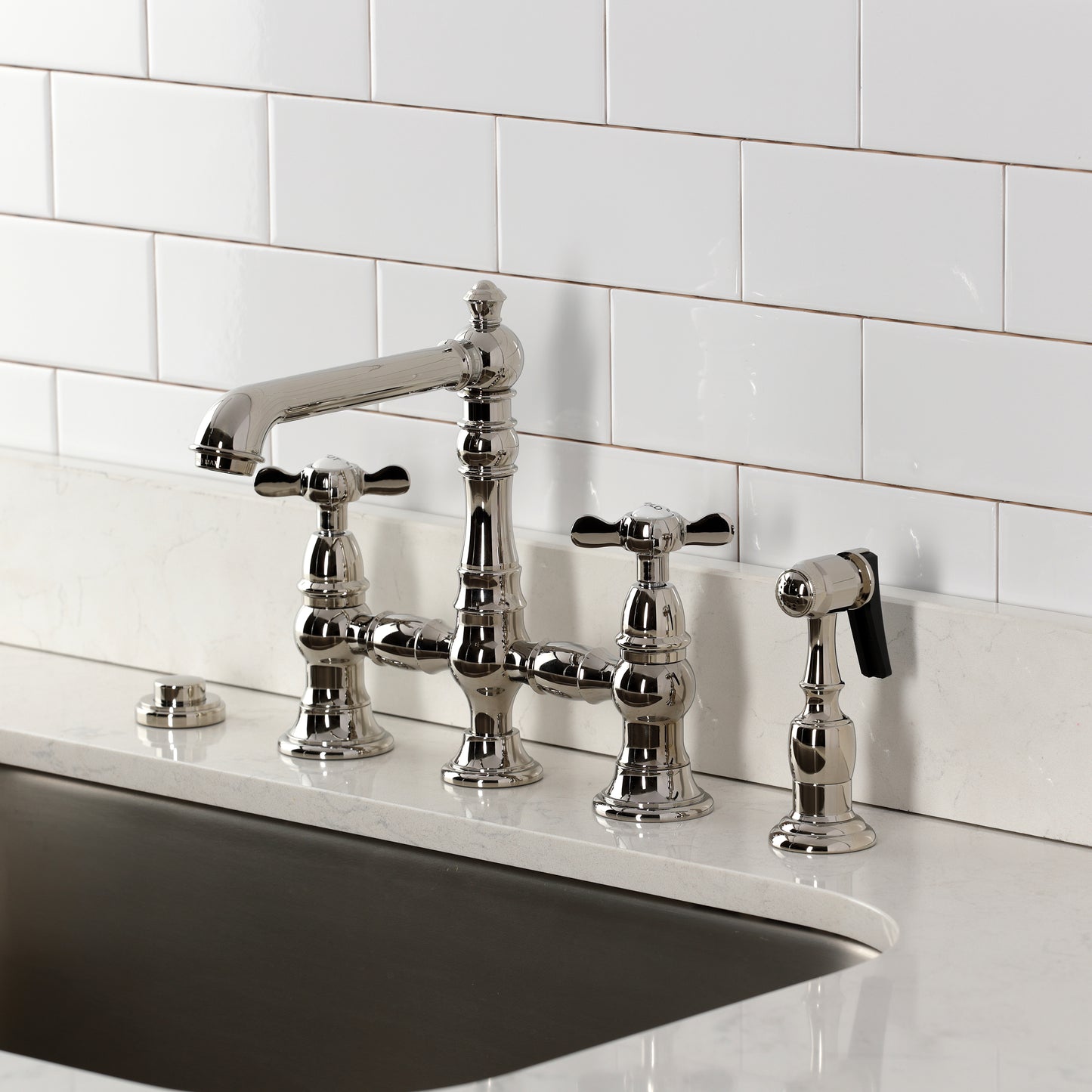 Kingston KS7277BEXBS Essex Bridge Kitchen Faucet with Brass Sprayer, Brushed Brass.
