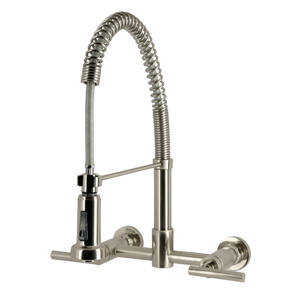 Kingston Brass GS8187CML Manhattan Double-Handle Wall-Mount Pre-Rinse Bridge Kitchen Faucet, Brushed Brass.