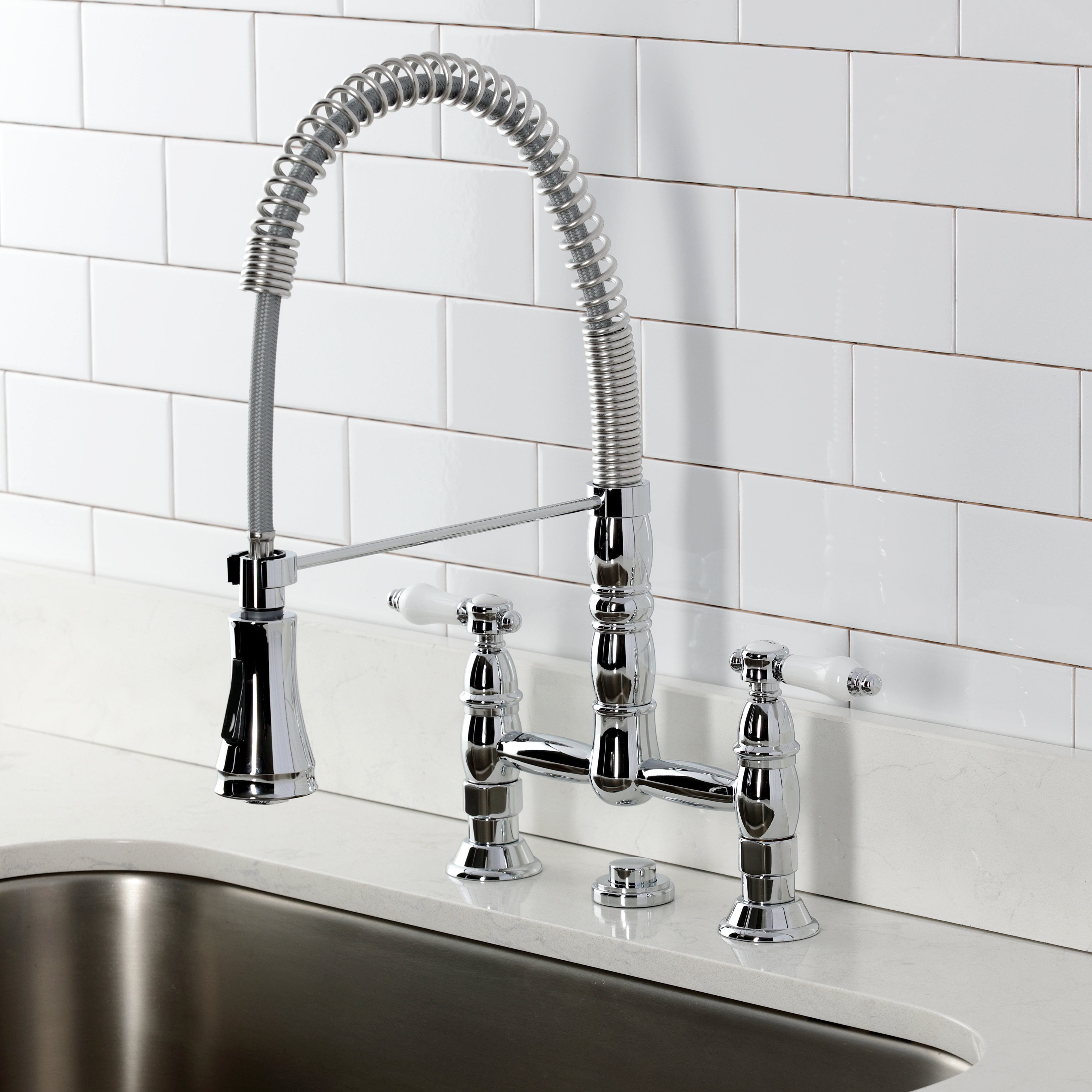 Kingston Brass GS1273BPL Bel-Air Double-Handle Deck-Mount Pre-Rinse Bridge Kitchen Faucet, Antique Brass