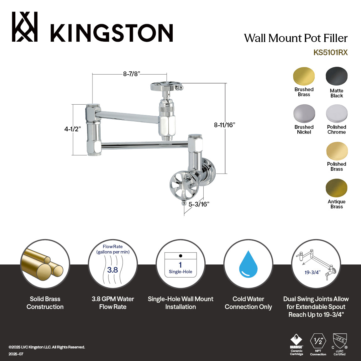 Kingston Brass KS5103RX Belknap Wall Mount Pot Filler Faucet, Antique Brass with measurement details and specifications.