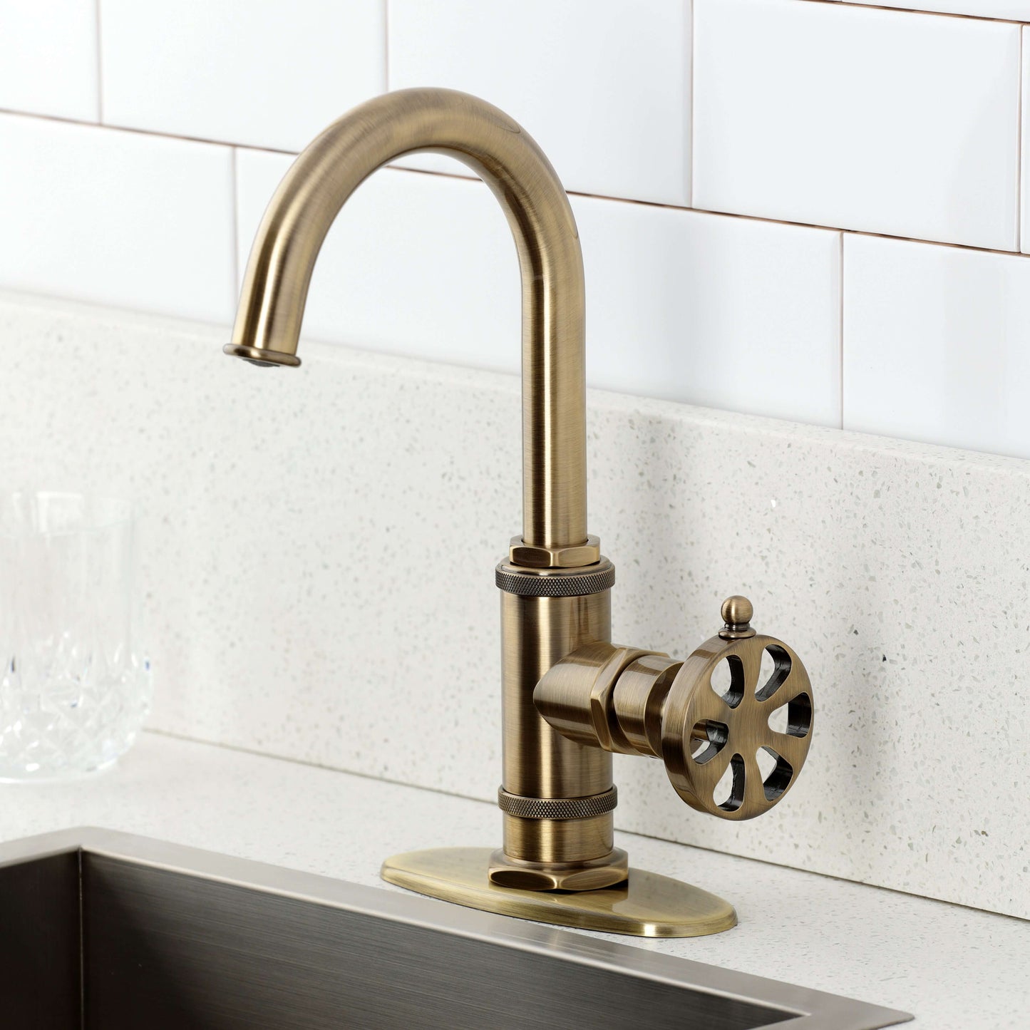 Kingston Brass KSD8503RX Belknap Single-Handle Bar Faucet in brushed gold finish with high-arc spout for modern kitchens.