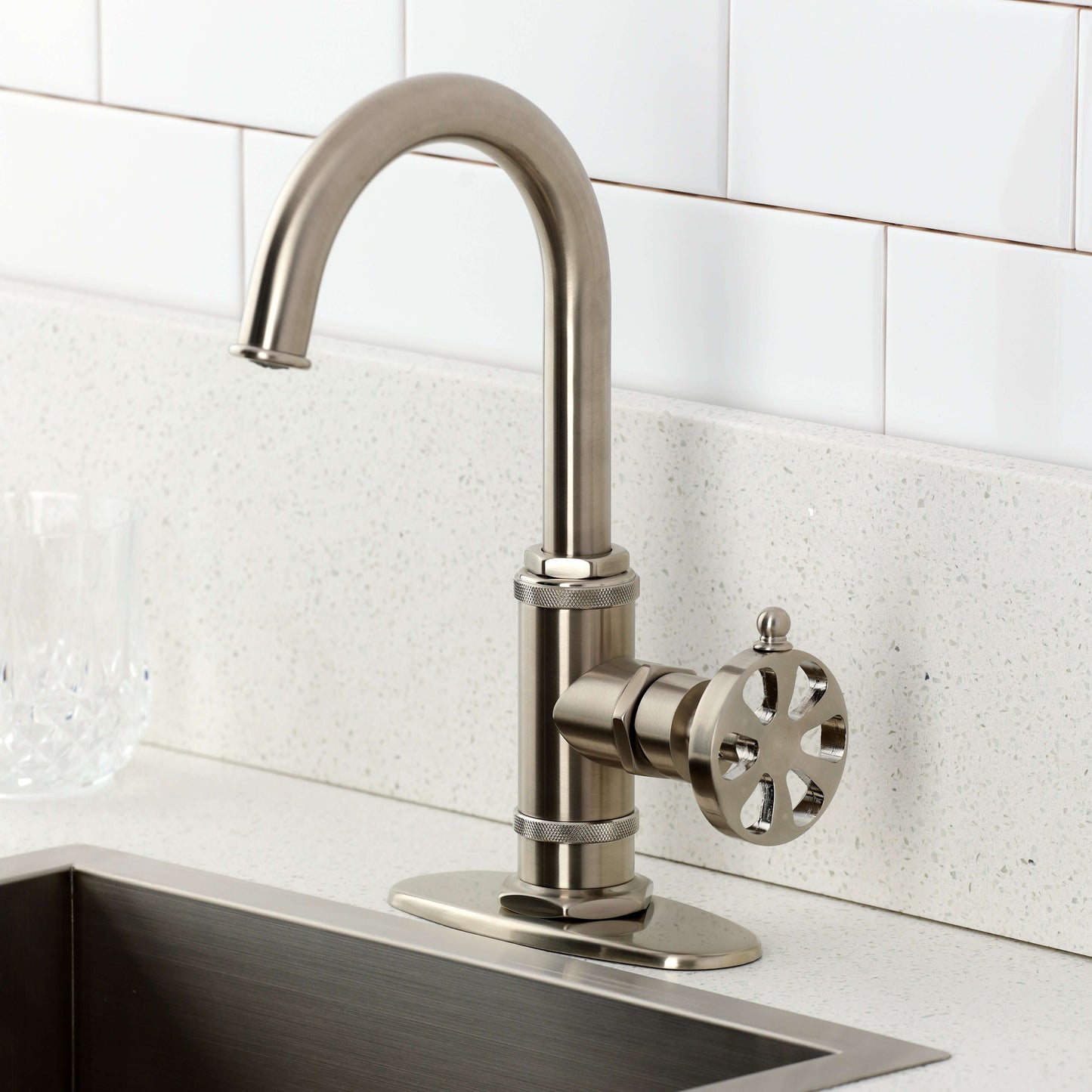 Kingston Brass KSD8503RX Belknap Single-Handle Bar Faucet in polished nickel finish with high-arc spout.