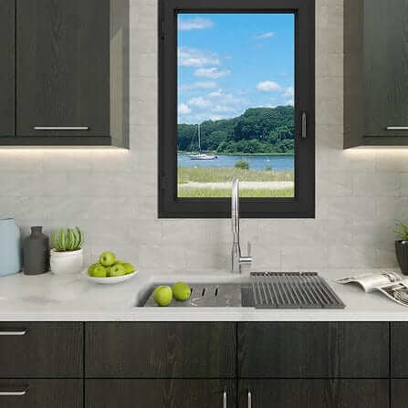 Nantucket 34" Large Single Bowl Prep Station Undermount Granite Composite - PR3419-TI-UM with window view in modern kitchen setting.