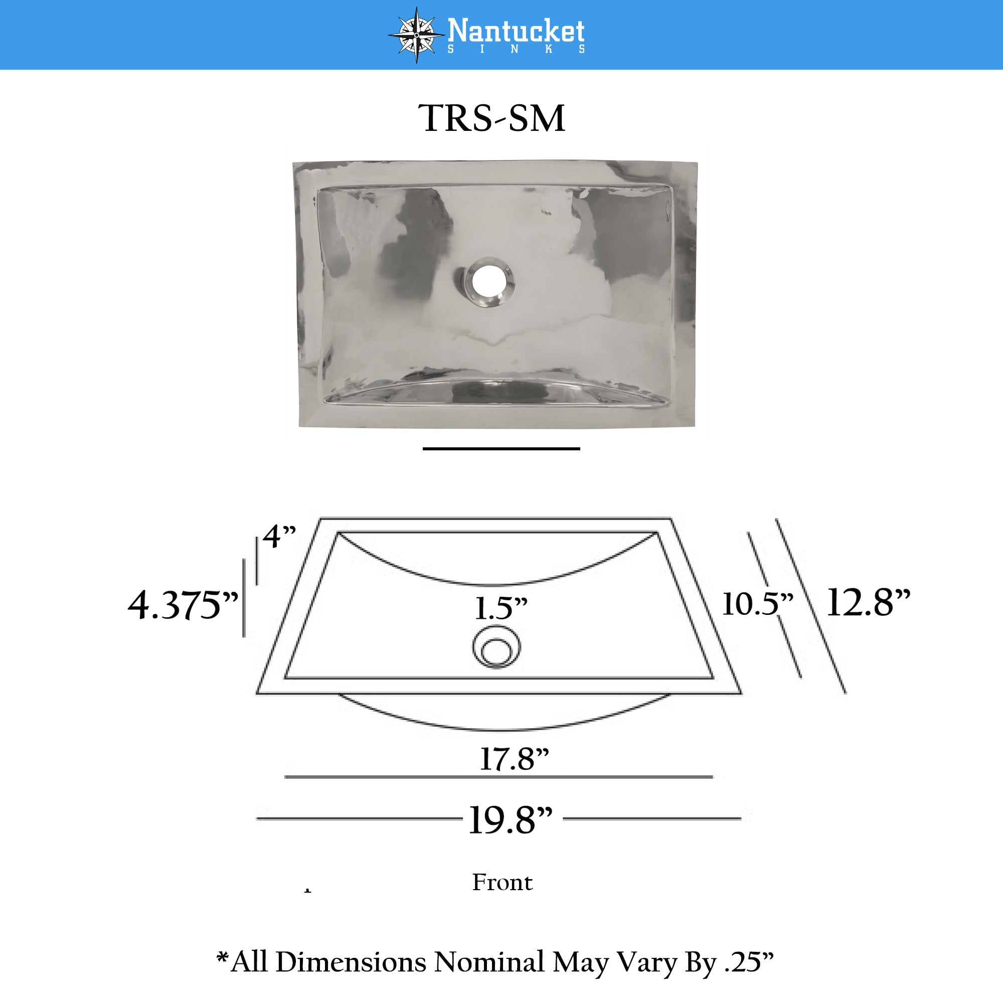 Nantucket 19.8-inch Lightly Hammered Polished Stainless Steel Rectangle Bathroom Sink TRS-SM, view 10