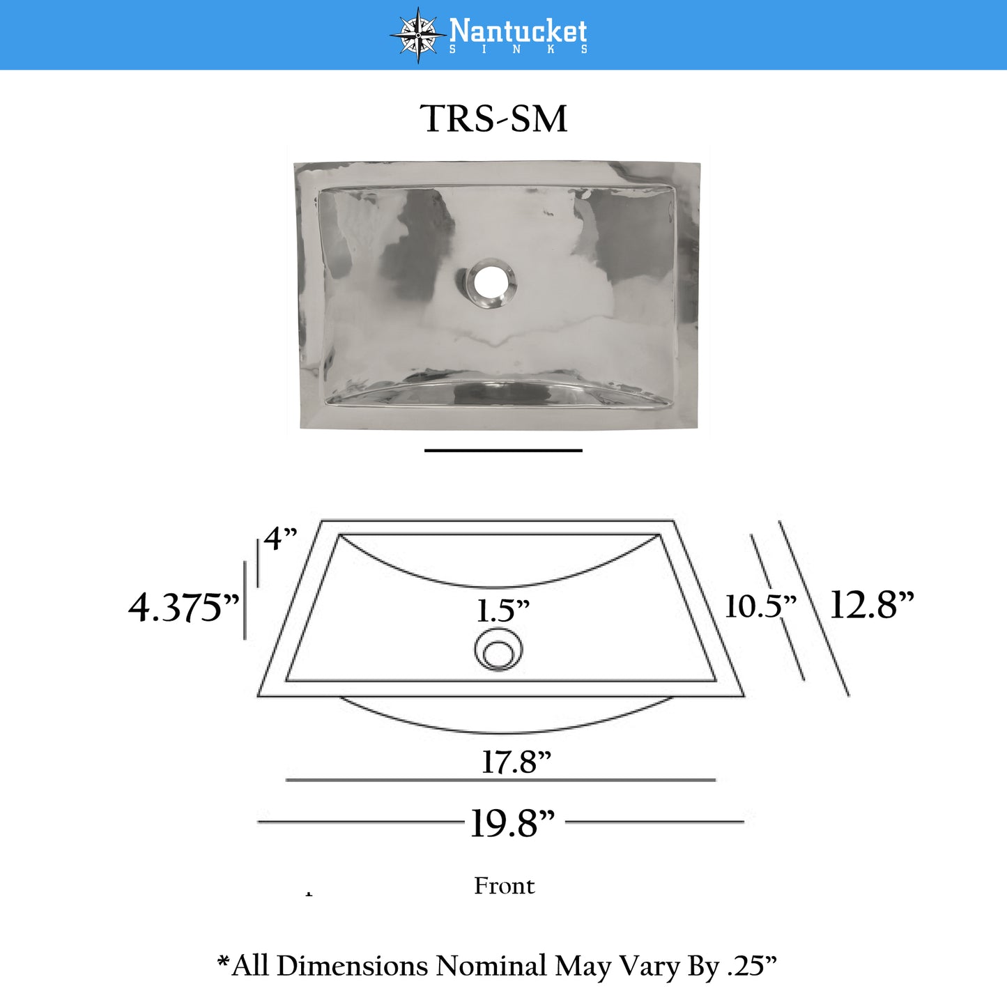 Nantucket 19.8-inch Lightly Hammered Polished Stainless Steel Rectangle Bathroom Sink TRS-SM, view 10