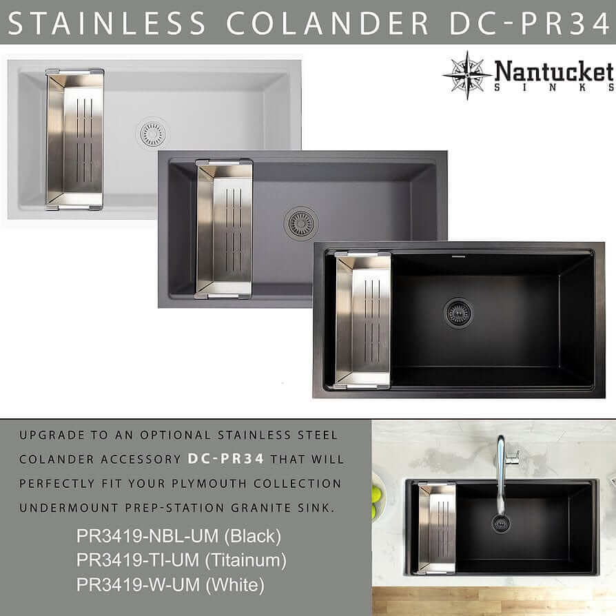 Nantucket 34" Large Single Bowl Prep Station Undermount Granite Composite Nano - PR3419-NBL-UM with Stainless Steel Colander DC-PR34 overview.
