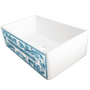 White 33 inch farmhouse sink with blue decorative pattern by Nantucket on a white background showing drain placement