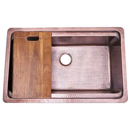 Nantucket 32" Hammered Copper Prepstation Dualmount Kitchen Sink - KCH-PS-3220 with acacia wood cutting board.
