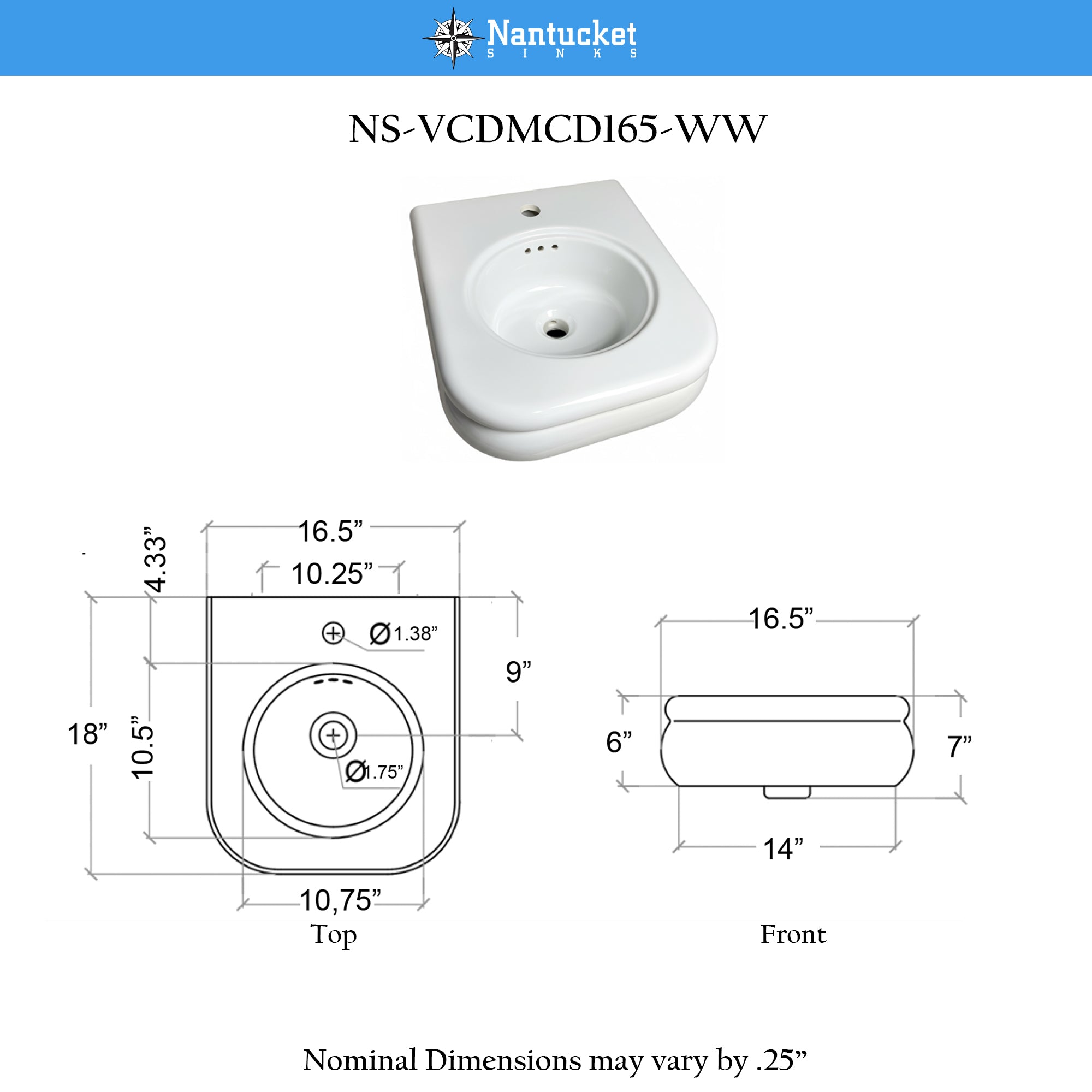 Nantucket NS-VCDMCD165-WW Victorian fireclay bathroom sink, view 9