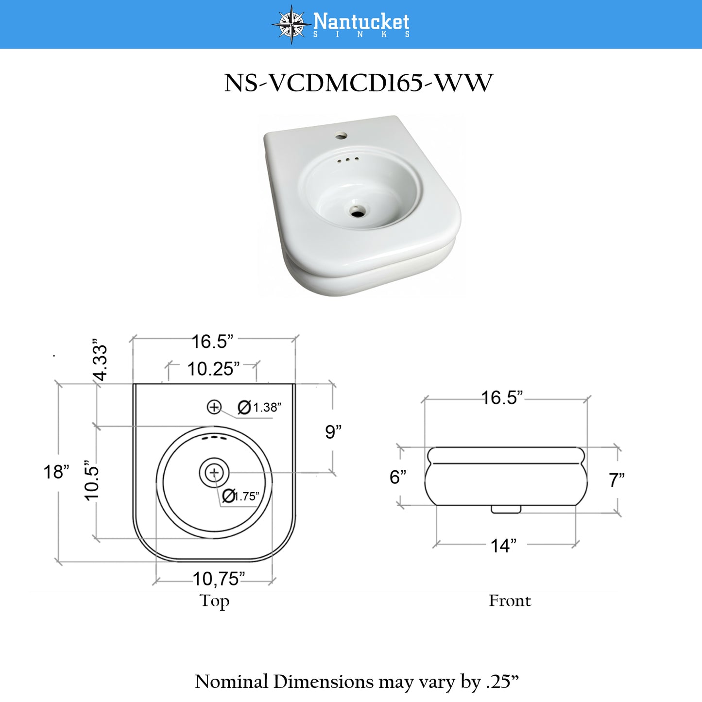 Nantucket NS-VCDMCD165-WW Victorian fireclay bathroom sink, view 9