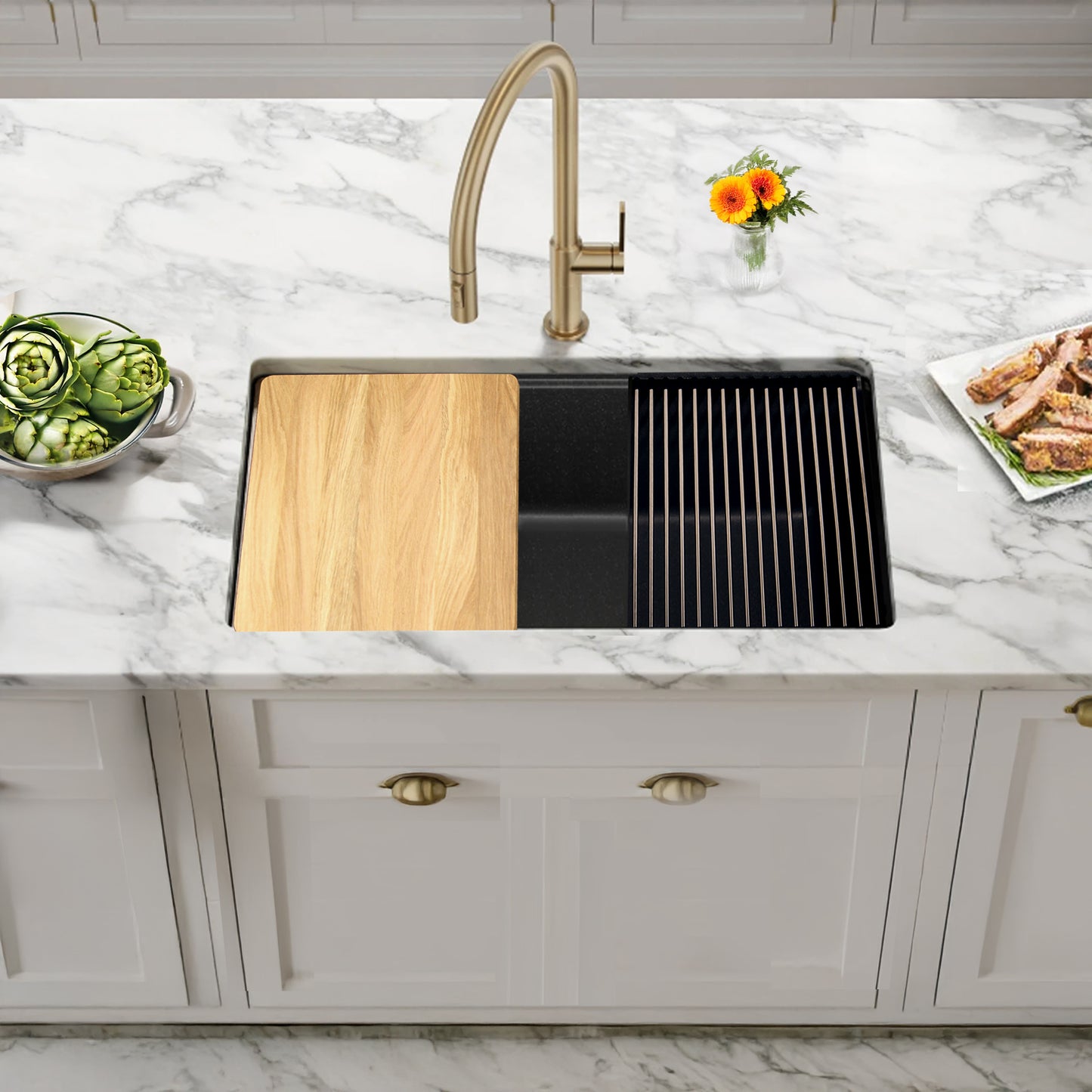 Nantucket PR3019PS-BL black granite workstation sink, view 11