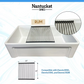 White Nantucket Sinks with grill insert and compatibility details on a light blue background