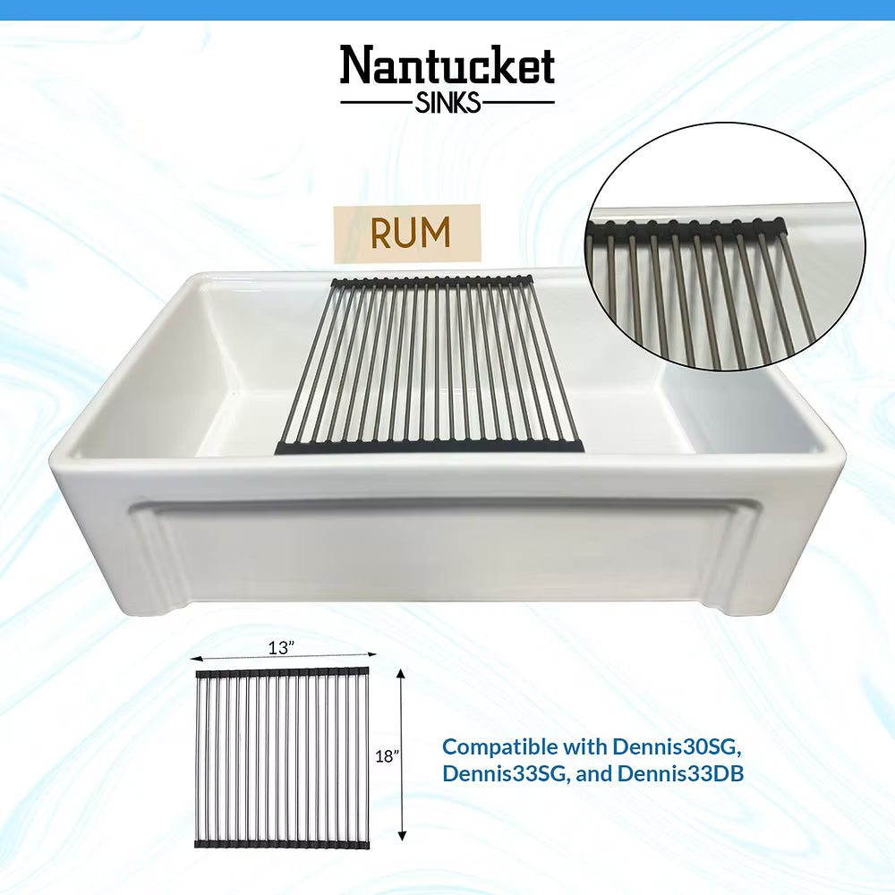 White Nantucket Sinks with grill insert and compatibility details on a light blue background