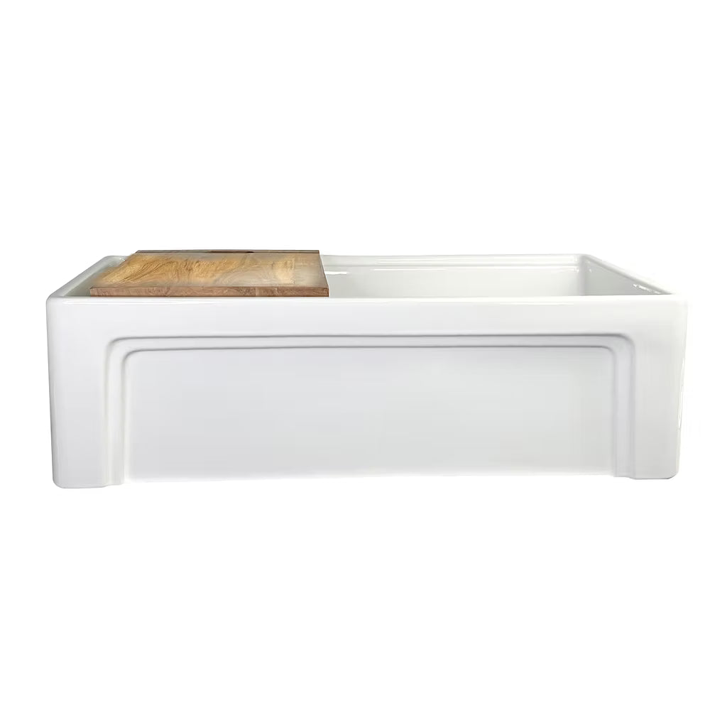 White Nantucket Dennis 33 inch ceramic sink with a wooden cutting board on a white background showing arched option