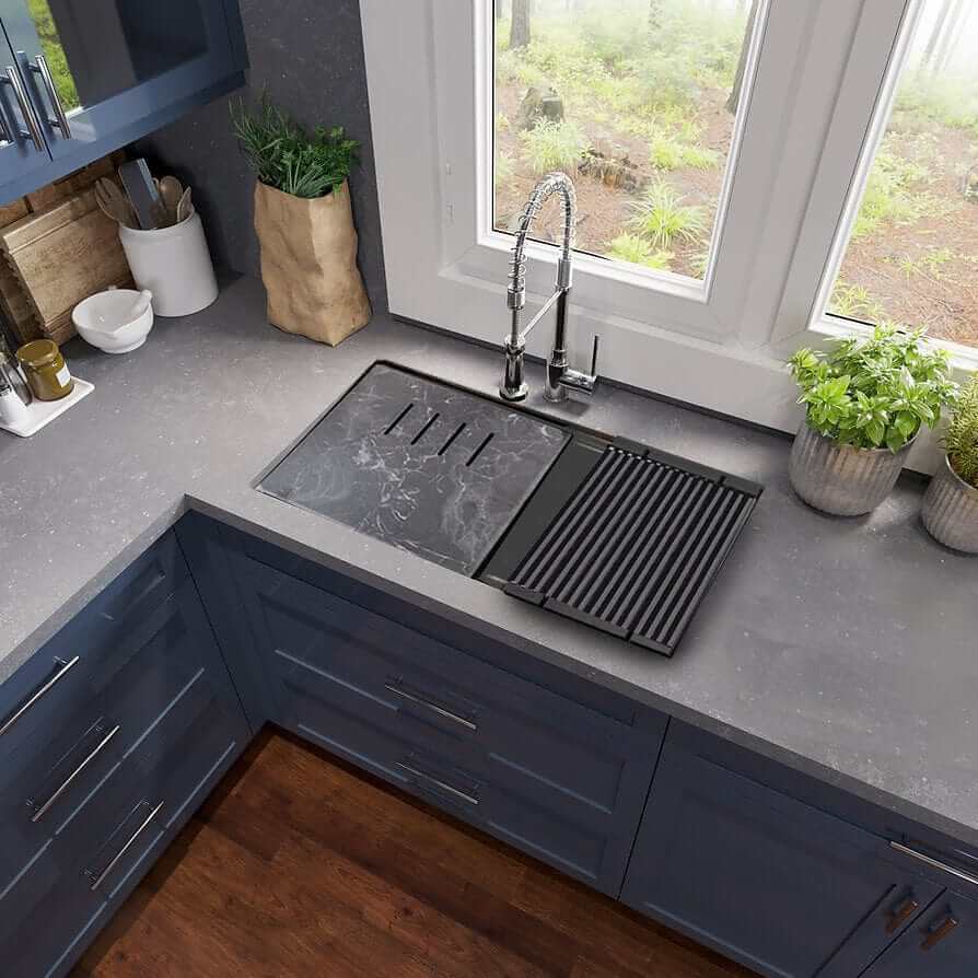 Nantucket 34" Large Single Bowl Prep Station Undermount Granite Composite - PR3419-TI-UM top view with workstation accessories.