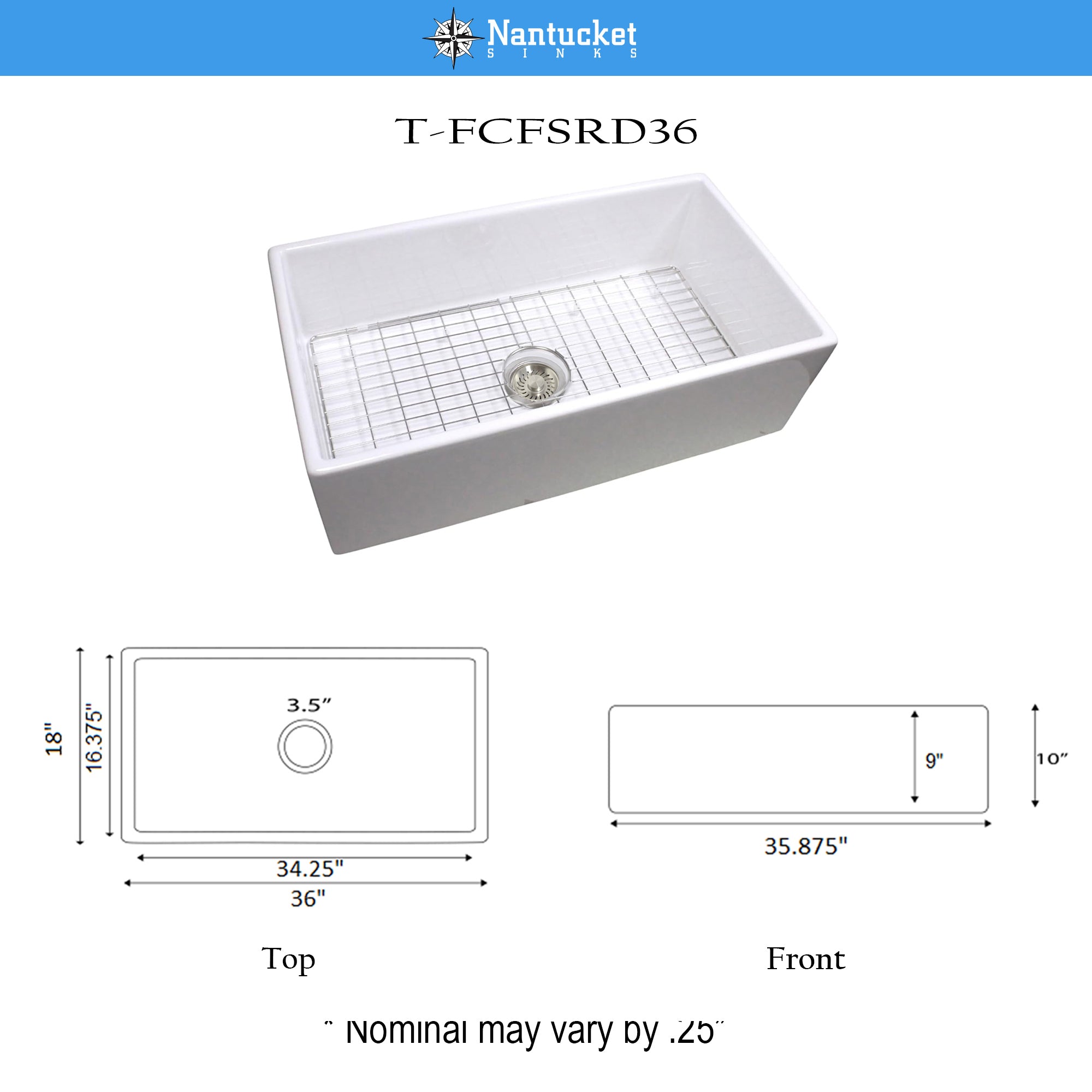 Nantucket T-FCFSRD36 36-inch white fireclay farmhouse sink, view 7