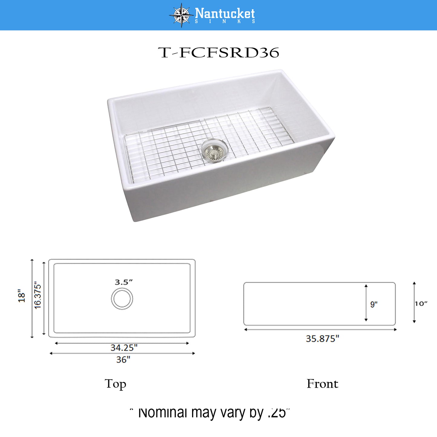 Nantucket T-FCFSRD36 36-inch white fireclay farmhouse sink, view 7