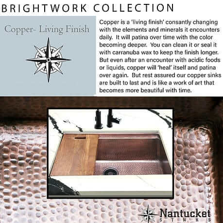 Nantucket 32" Hammered Copper Prepstation Dualmount Kitchen Sink - KCH-PS-3220 with acacia wood cutting board and unique finish.