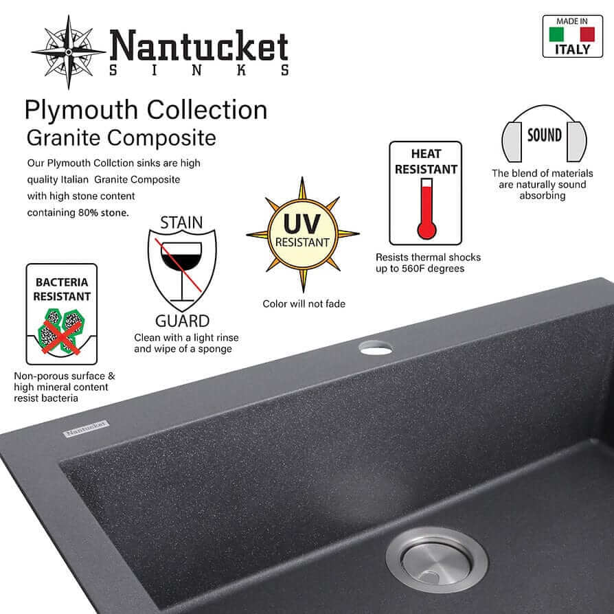 Nantucket 34" Large Single Bowl Prep Station Undermount Granite Composite - PR3419-TI-UM features and benefits infographic.