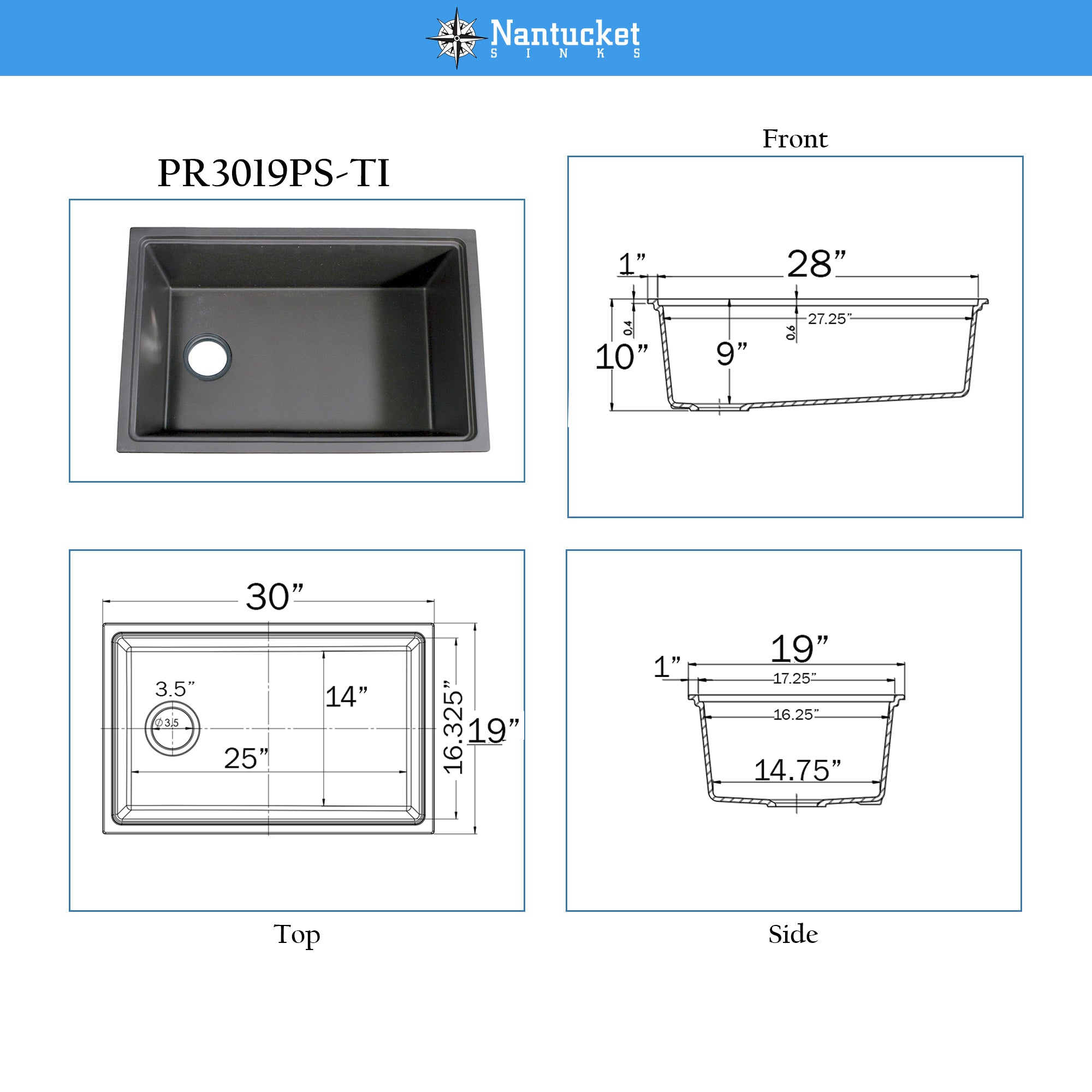 Nantucket PR3019PS-TI titanium granite workstation sink, view 13