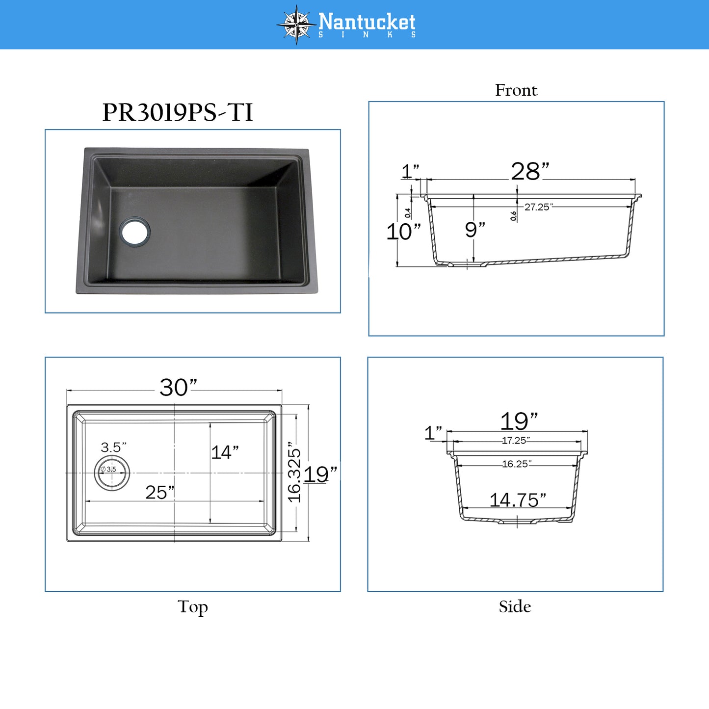 Nantucket PR3019PS-TI titanium granite workstation sink, view 13