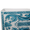 Alternate close up view of the detailed blue decorative pattern on Nantucket 33 inch farmhouse kitchen sink