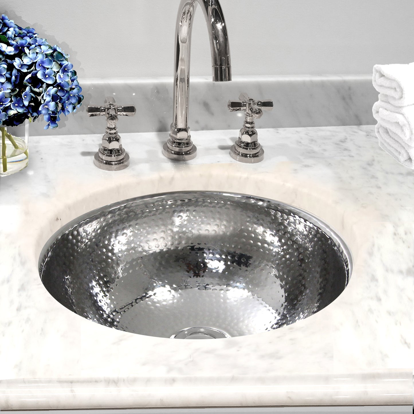 Nantucket 13-inch Hand Hammered Stainless Steel Round Undermount Bathroom Sink with Overflow ROS-OF, view 4